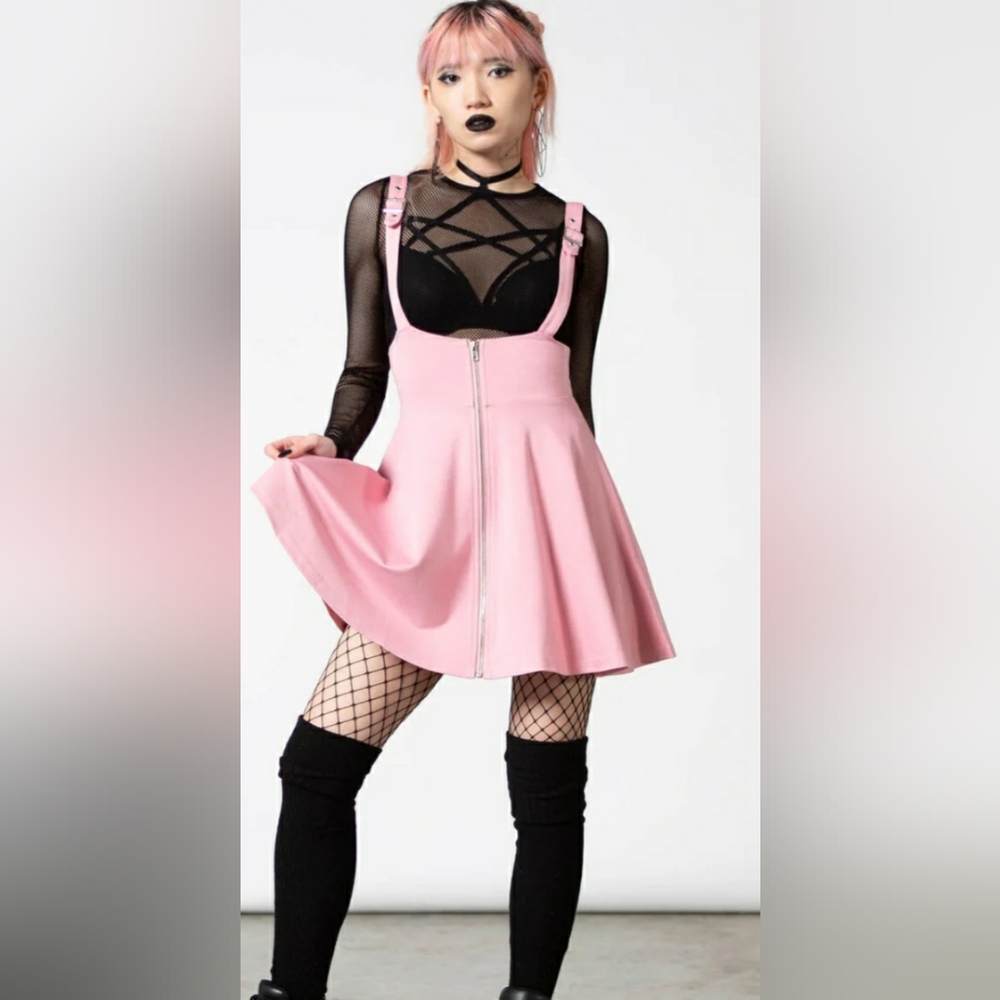 Killstar Pastel Pink Suspend Me Statement suspender style skirt